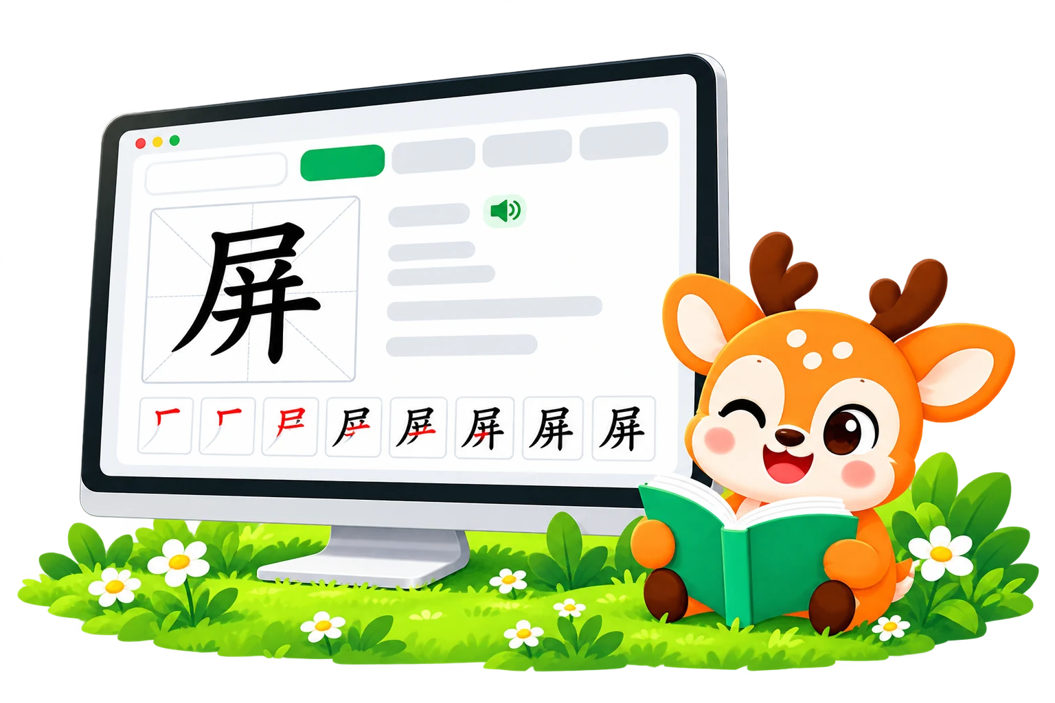 汉字笔顺展示屏与读书的小鹿